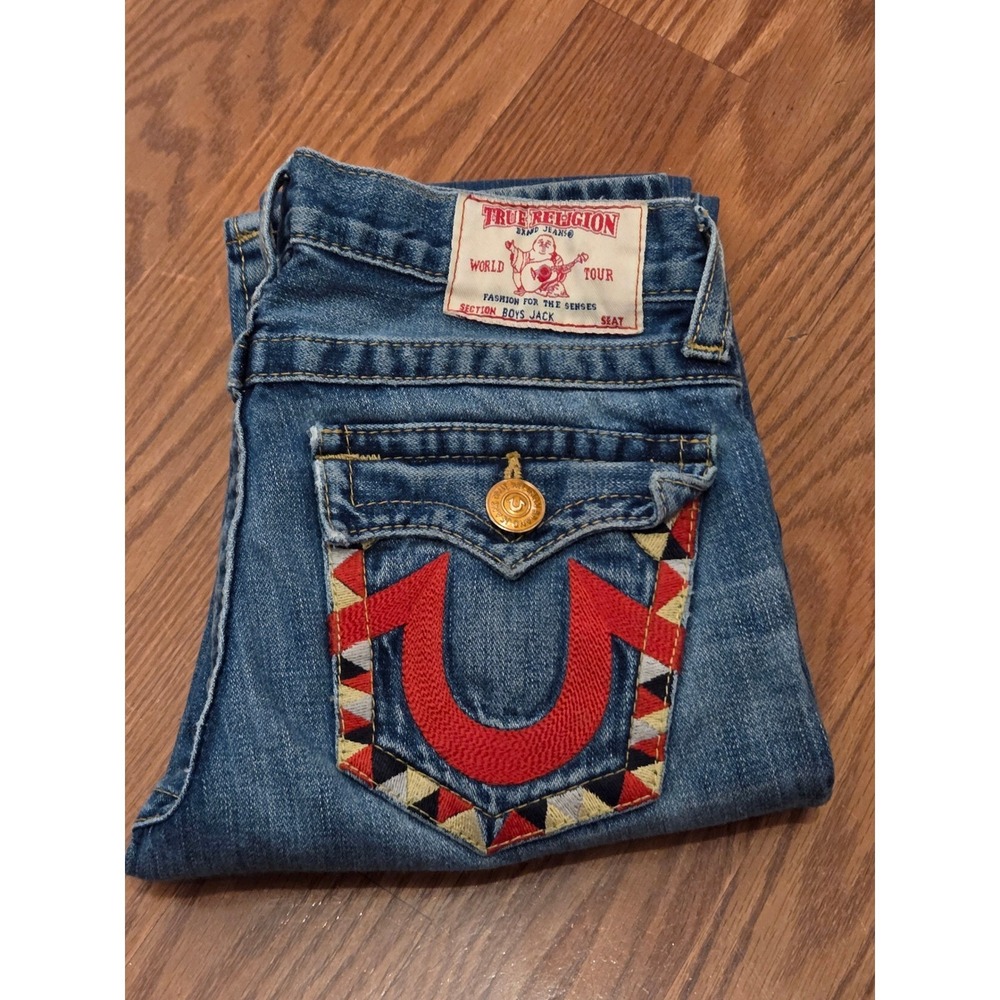 True Religion Boys Jack Straight Leg Jeans Medium Wash Embroidered Size 12